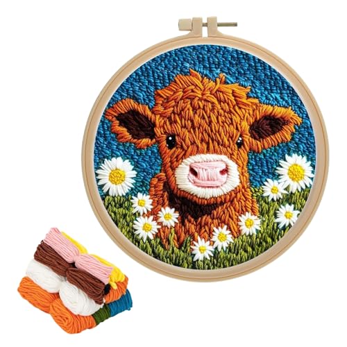Dcsfadq Punch Needle Stickerei Set, Niedliche Kuh mit Gänseblümchen Motiv, DIY Hand Stickerei für Anfänger, Handarbeit Stickrahmen für Geschenk von Dcsfadq