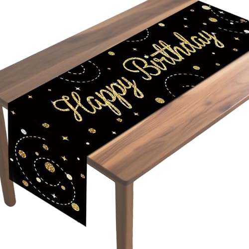Dcsfadq Tischläufer Geburtstag, Schwarz Gold, Sternenmotiv, Happy Birthday Tischdekoration, Tischdecken Geburtstagsdeko für Junge Mädchen Geburtstag Party Dekoration (185 x 35cm) von Dcsfadq