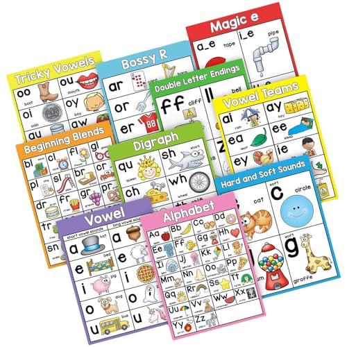 10 Blatt Grundlegende Phonics Poster, 10 Themen, Kindersprachenlernposter Diagramm für Kleinkinder, Vorschüler, Kindergarten von Ddujbtp