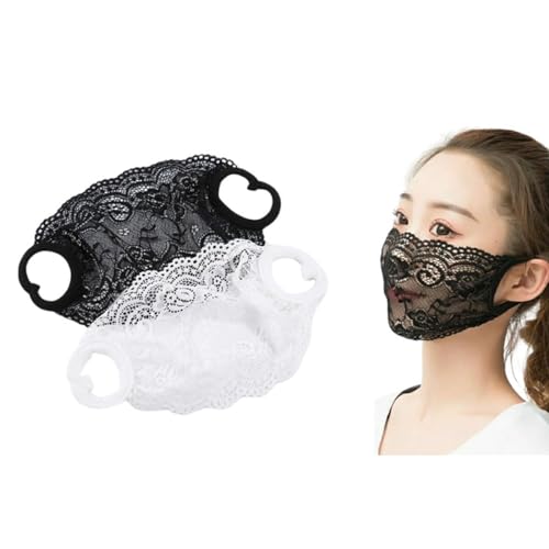 DeaHea 2 Stück einlagige Spitzenmaske, Sonnenschutz, Netzstoff, hohl, Gesichtsmaske, halbe Gesichtsabdeckung, Reisemaske für Damen und Mädchen (schwarz + weiß) von DeaHea