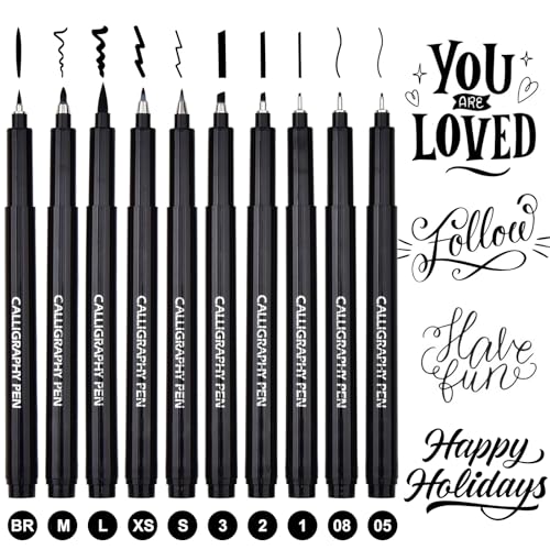 DealKits 10 Größe Kalligraphie Stifte Schnelltrocknende Calligraphie Stifte Pinselstifte Schwarz Fineliner Handlettering Stifte für Schriftzug Anfänger Bullet Journal Tagebuch Unterschrift Zeichnung von DealKits