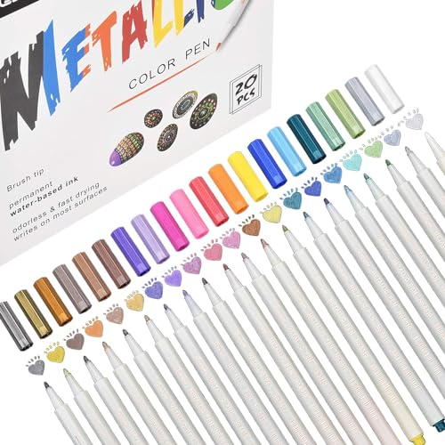 DealKits Permanent Metallic Marker Stifte, 20 Farben Acrylstifte Premium Metallischen Stift Pens für Kartenherstellung DIY Fotoalbum Gästebuch Hochzeit Papier Glas Kunststoff Stein (1MM) von DealKits