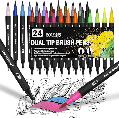 Dual Brush Pen Set, 24 Farben Doppelfasermaler Filzstifte, Wasserbasis Aquarellstifte für Aquarell Watercolo Bullet Journal Handlettering Kalligraphie Manga Malbücher, mit Fasermaler und Fineliner Dual Brush Pen Set, 24 Farben Doppelfasermaler Filzstifte, Wasserbasis Aquarellstifte für Aquarell Watercolo Bullet Journal Handlettering Kalligraphie Manga Malbücher, mit Fasermaler und Fineliner von DealKits