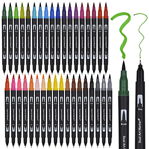 Dual Brush Pen Set, 36 Farben Doppelfasermaler, Tinte auf Wasserbasis Doppelfilzstifte Für Aquarell Watercolo Bullet Journal Handlettering Kalligraphie Manga, Fasermaler[1-2 mm] und Fineliner[0,4 mm] von DealKits