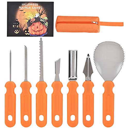 Halloween Kürbis Schnitzset, 7-teiliges Edelstahl Kürbis Schnitzwerkzeug mit Tragetasche Halloween Deko DIY Zubehör Professionelles Tranchiermesser Kürbis-Carving-Set für Erwachsene und Kinder von DealKits