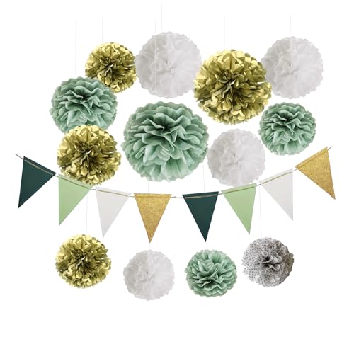 14 Stück Pompons Deko mit Wimpelkette Girlande für Hochzeitsdeko Geburtstagsdeko Taufe Babyparty Gartenparty JGA Jugendweihe Kommunion Party, Salbeigrün Seidenpapier Pompoms Grün Weiß Gold 14 Stück Pompons Deko mit Wimpelkette Girlande für Hochzeitsdeko Geburtstagsdeko Taufe Babyparty Gartenparty JGA Jugendweihe Kommunion Party, Salbeigrün Seidenpapier Pompoms Grün Weiß Gold von Deauparkoty