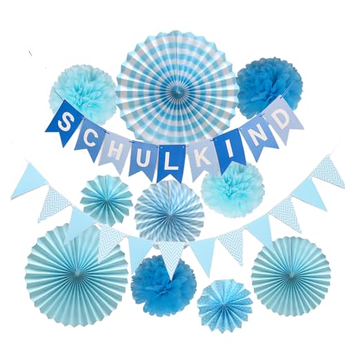 Einschulung Deko Blau Schulkind 2025 Junge 12 Stück Schulanfang Deko Set mit SCHULKIND Girlande, Wimpelkette, Pompons und Papier Fächer Geschenke zur Einschulung Schulkind von Deauparkoty