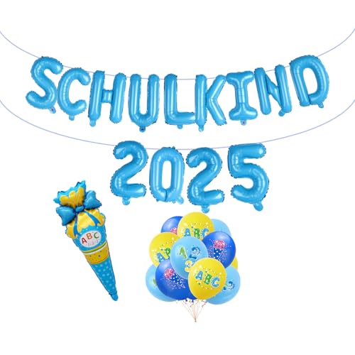 Einschulung Deko Luftballon Schulkind 2025 Junge Schulanfang Deko Set mit SCHULKIND 2025 Girlande, Folienballon Helium Ballons Banner Zuckertüten Geschenke zur Einschulung Schulkind von Deauparkoty