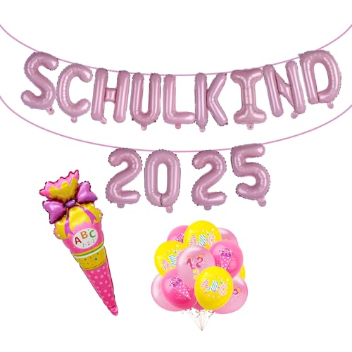 Einschulung Deko Luftballon Schulkind 2025 Mädchen Schulanfang Deko Set mit SCHULKIND 2025 Girlande, Folienballon Helium Ballons Banner Zuckertüten Geschenke zur Einschulung Schulkind von Deauparkoty