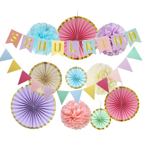 Einschulung Deko Pastell Schulkind 2025 Mädchen Junge 12 Stück Schulanfang Deko Set mit SCHULKIND Girlande, Wimpelkette, Pompons und Papier Fächer Geschenke zur Einschulung Schulkind Einschulung Deko Pastell Schulkind 2025 Mädchen Junge 12 Stück Schulanfang Deko Set mit SCHULKIND Girlande, Wimpelkette, Pompons und Papier Fächer Geschenke zur Einschulung Schulkind von Deauparkoty