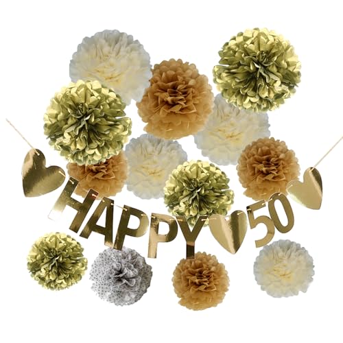 Goldene Hochzeit Deko 13 Stück Pompons Party Deko Goldene Hochzeit 50 mit Girlande Seidenpapier Dekorpapier Papierblumen Pom poms zum Basteln für Hochzeitstag Geburtstagsdeko Mann Frau von Deauparkoty