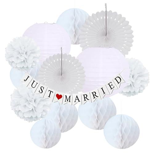Hochzeitsdeko 14 Stück Hochzeit Deko Lampions Weiß mit Just Married Girlande Wedding Decoration Seidenpapier Pompons Papierlampion Standesamt Deko Tisch Hochzeitsdeko Set Gartenparty für Draußen von Deauparkoty
