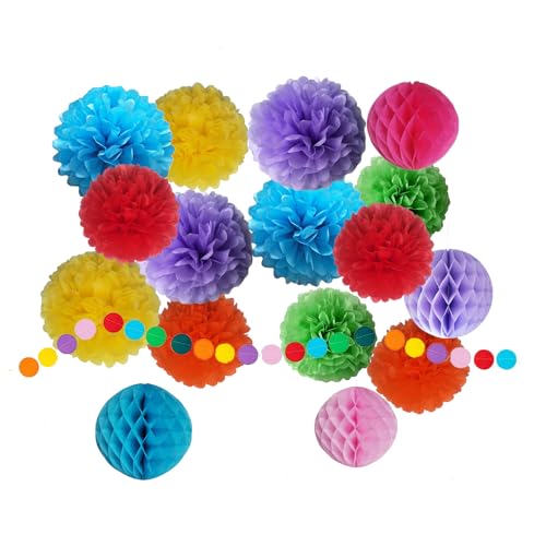 Party Deko für Fasching Karneval, Pompons zum Basteln mit Bunte Girlande Geburtstagsdeko Faschingsdeko Karnevalsdeko Kindergeburtstag Deko Geburtstag Mädchen Regenbogen Wabenbälle von Deauparkoty