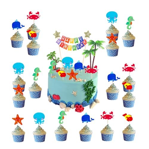 Ozean Thema Cupcake Toppers, Dekorationen Kuchendeko, Happy Birthday Kuchendekoration,Tortendeko Kuchen Deko Set,Cupcake Toppers für Kinder Party Geburtstag (Ocean) von DecPtyTa