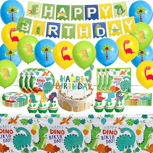 Dinosaur Geburtstag party Set 83 Stück Partygeschirr Geburtstagsdeko Dinosaur Teller Tischdecke Serviette Ballons Banner Happy Birthday Tortendeko etc,Geeignet für 10 Personen (A) von DecPtyTa