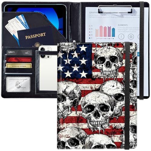 Dokumentenmappe aus Leder mit Klemmbrett, A4, Organizer für Lebensläufe, Notizblock und Kartenhalter, für Männer und Frauen, Geschäftsanwendung, Büro, amerikanische Flagge, Totenköpfe von Decahouy