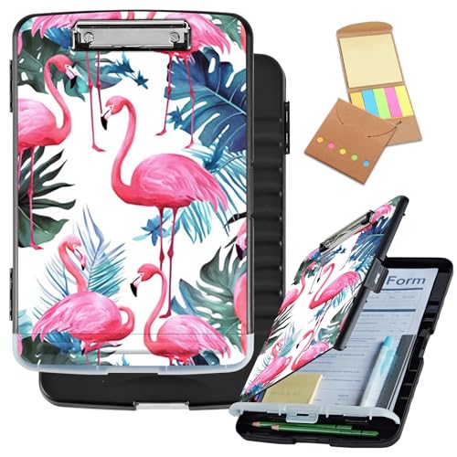 Klemmbrett mit Aufbewahrung, großes Fassungsvermögen, seitliche Öffnung, Still-Klemmbrett aus Kunststoff mit Stifthalter, flacher Clip, Lehrer-Must-Haves, Pflege- und Bürobedarf, tropischer Flamingo von Decahouy