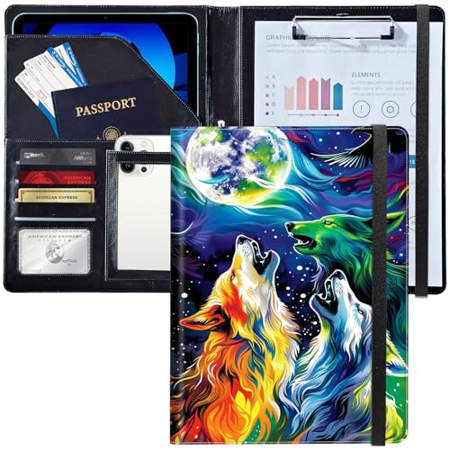 Leder-Padfolio-Ordner mit Klemmbrett, personalisierbar, A4-Format, Lebenslauf-Organizer, Schreibblock und Kartenhalter für Männer und Frauen, Büro, Nachthimmel, Mond und Wölfe Leder-Padfolio-Ordner mit Klemmbrett, personalisierbar, A4-Format, Lebenslauf-Organizer, Schreibblock und Kartenhalter für Männer und Frauen, Büro, Nachthimmel, Mond und Wölfe von Decahouy