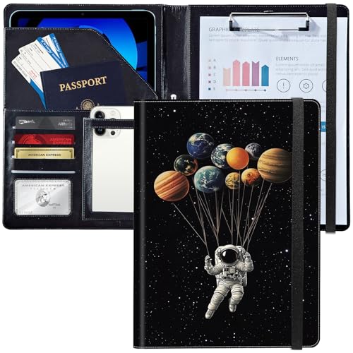 Leder-Padfolio-Ordner mit Klemmbrett, personalisierter A4-Brief-Organizer, Schreibblock und Kartenhalter für Männer und Frauen, Büro, Astronauten im Weltraum von Decahouy