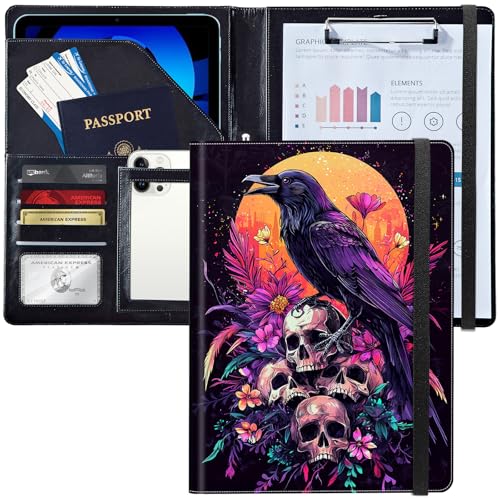 Leder-Padfolio-Ordner mit Klemmbrett, personalisierter A4-Brief-Organizer, Schreibblock und Kartenhalter für Männer und Frauen, Büro, Rabenmond und Totenköpfe Leder-Padfolio-Ordner mit Klemmbrett, personalisierter A4-Brief-Organizer, Schreibblock und Kartenhalter für Männer und Frauen, Büro, Rabenmond und Totenköpfe von Decahouy