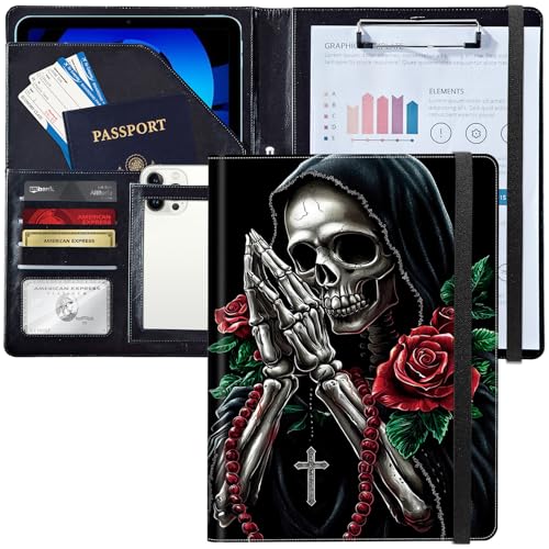 Leder-Padfolio-Ordner mit Klemmbrett, personalisierter A4-Brief-Organizer, Schreibblock und Kartenhalter für Männer und Frauen, Büro, ein Skelett mit betenden Händen Leder-Padfolio-Ordner mit Klemmbrett, personalisierter A4-Brief-Organizer, Schreibblock und Kartenhalter für Männer und Frauen, Büro, ein Skelett mit betenden Händen von Decahouy