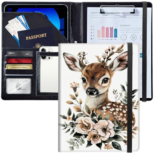 Leder-Padfolio-Ordner mit Klemmbrett, personalisierter A4-Brief-Organizer, Schreibblock und Kartenhalter für Männer und Frauen, Büro, niedliches Baby-Hirsch mit Blumen Leder-Padfolio-Ordner mit Klemmbrett, personalisierter A4-Brief-Organizer, Schreibblock und Kartenhalter für Männer und Frauen, Büro, niedliches Baby-Hirsch mit Blumen von Decahouy