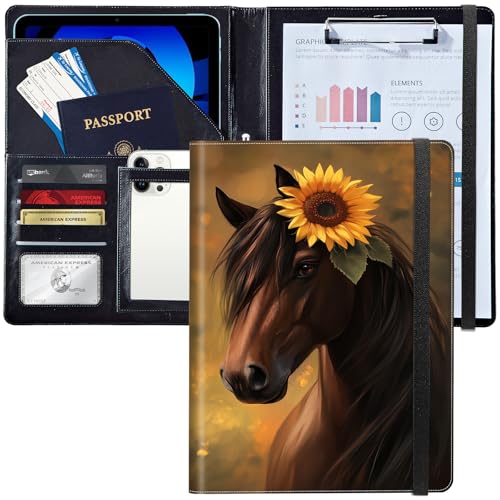 Leder-Padfolio-Ordner mit Klemmbrett, personalisierter A4-Briefgröße, Lebenslauf-Organizer, Schreibblock und Kartenhalter für Männer und Frauen, Büro, braunes Pferd trägt eine Sonnenblume Leder-Padfolio-Ordner mit Klemmbrett, personalisierter A4-Briefgröße, Lebenslauf-Organizer, Schreibblock und Kartenhalter für Männer und Frauen, Büro, braunes Pferd trägt eine Sonnenblume von Decahouy