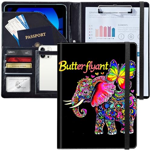 Leder-Padfolio-Ordner mit Klemmbrett, personalisierter A4-Briefgröße, Lebenslauf-Organizer, Schreibblock und Kartenhalter für Männer und Frauen, Büro, bunter Schmetterlings-Elefant Leder-Padfolio-Ordner mit Klemmbrett, personalisierter A4-Briefgröße, Lebenslauf-Organizer, Schreibblock und Kartenhalter für Männer und Frauen, Büro, bunter Schmetterlings-Elefant von Decahouy