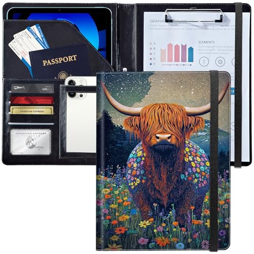 Leder-Padfolio-Ordner mit Klemmbrett, personalisierter A4-Briefgröße, Lebenslauf-Organizer, Schreibblock und Kartenhalter für Männer und Frauen, Büro, schöne Hochlandkuh-Blumen Leder-Padfolio-Ordner mit Klemmbrett, personalisierter A4-Briefgröße, Lebenslauf-Organizer, Schreibblock und Kartenhalter für Männer und Frauen, Büro, schöne Hochlandkuh-Blumen von Decahouy