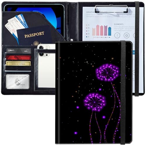 Leder-Padfolio-Ordner mit Klemmbrett, personalisierter A4-Briefgröße, Lebenslauf-Organizer, Schreibblock und Kartenhalter für Männer und Frauen, Büro, zwei violette Löwenzahn Leder-Padfolio-Ordner mit Klemmbrett, personalisierter A4-Briefgröße, Lebenslauf-Organizer, Schreibblock und Kartenhalter für Männer und Frauen, Büro, zwei violette Löwenzahn von Decahouy