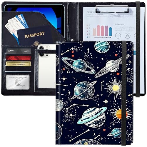 Leder-Padfolio-Portfolio-Ordner mit Klemmbrett, personalisierbar, A4-Format, Lebenslauf-Organizer, Schreibblock und Kartenhalter für Männer und Frauen, Büro, Sterne, Planeten und Sonnen Leder-Padfolio-Portfolio-Ordner mit Klemmbrett, personalisierbar, A4-Format, Lebenslauf-Organizer, Schreibblock und Kartenhalter für Männer und Frauen, Büro, Sterne, Planeten und Sonnen von Decahouy