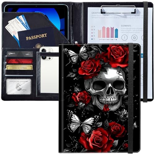 Leder-Padfolio-Portfolio-Ordner mit Klemmbrett, personalisierbar, A4-Format, Lebenslauf-Organizer, Schreibblock und Kartenhalter für Männer und Frauen, Business, Büro, Totenkopf, rote Rosen und Leder-Padfolio-Portfolio-Ordner mit Klemmbrett, personalisierbar, A4-Format, Lebenslauf-Organizer, Schreibblock und Kartenhalter für Männer und Frauen, Business, Büro, Totenkopf, rote Rosen und von Decahouy