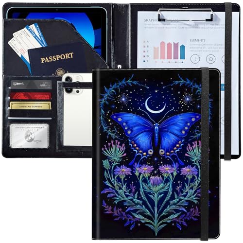 Leder-Padfolio-Portfolio-Ordner mit Klemmbrett, personalisierbarer A4-Briefgröße, Lebenslauf-Organizer, Schreibblock und Kartenhalter für Männer und Frauen, Büro, blauer Schmetterling und Blumenmuster Leder-Padfolio-Portfolio-Ordner mit Klemmbrett, personalisierbarer A4-Briefgröße, Lebenslauf-Organizer, Schreibblock und Kartenhalter für Männer und Frauen, Büro, blauer Schmetterling und Blumenmuster von Decahouy