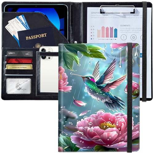 Leder-Padfolio-Portfolio-Ordner mit Klemmbrett, personalisierter A4-Briefgröße, Lebenslauf-Organizer, Schreibblock und Kartenhalter für Männer, Frauen, Büro, Kolibri und rosa Pfingstrosen Leder-Padfolio-Portfolio-Ordner mit Klemmbrett, personalisierter A4-Briefgröße, Lebenslauf-Organizer, Schreibblock und Kartenhalter für Männer, Frauen, Büro, Kolibri und rosa Pfingstrosen von Decahouy