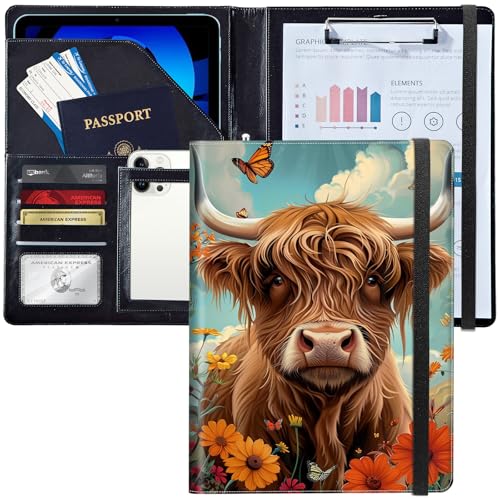 Leder-Padfolio-Portfolio-Ordner mit Klemmbrett, personalisierter A4-Briefgröße, Lebenslauf-Organizer, Schreibblock und Kartenhalter für Männer und Frauen, Büro, Hochlandkuh und Blumen von Decahouy