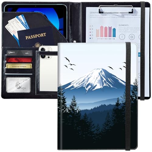 Leder-Padfolio-Portfolio-Ordner mit Klemmbrett, personalisierter A4-Briefgröße, Lebenslauf-Organizer, Schreibblock und Kartenhalter für Männer und Frauen, Büro, Mount Fuji mit Schneekappe von Decahouy