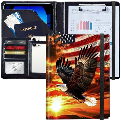Leder-Padfolio-Portfolio-Ordner mit Klemmbrett, personalisierter A4-Briefgröße, Lebenslauf-Organizer, Schreibblock und Kartenhalter für Männer und Frauen, Büro, amerikanische Flagge, Weißkopfseeadler von Decahouy