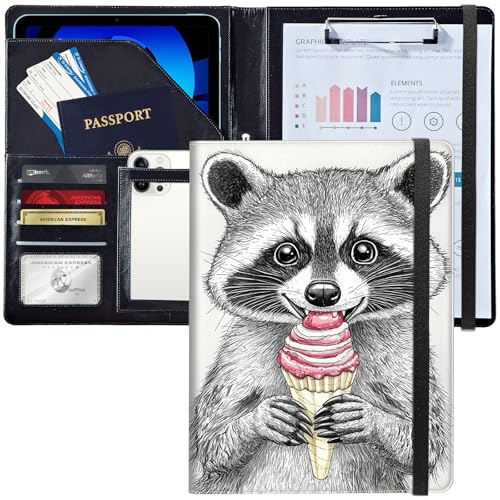 Leder-Padfolio-Portfolio-Ordner mit Klemmbrett, personalisierter A4-Briefgröße, Lebenslauf-Organizer, Schreibblock und Kartenhalter für Männer und Frauen, Büro, niedlicher Waschbär beim Eisessen Leder-Padfolio-Portfolio-Ordner mit Klemmbrett, personalisierter A4-Briefgröße, Lebenslauf-Organizer, Schreibblock und Kartenhalter für Männer und Frauen, Büro, niedlicher Waschbär beim Eisessen von Decahouy
