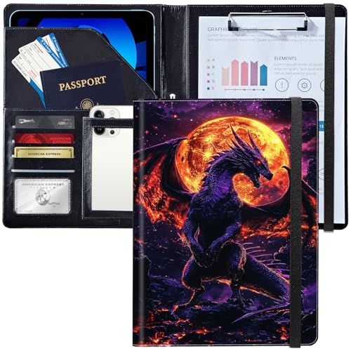 Leder-Padfolio-Portfolio-Ordner mit Klemmbrett, personalisierter A4-Briefgröße, Lebenslauf-Organizer, Schreibblock und Kartenhalter für Männer und Frauen, Büro, schwarzer Feuerdrache von Decahouy