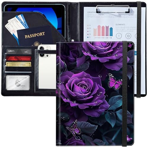 Leder-Padfolio-Portfolio-Ordner mit Klemmbrett, personalisierter A4-Briefgröße, Lebenslauf-Organizer, Schreibblock und Kartenhalter für Männer und Frauen, Büro, violette Rosen und Schmetterlinge Leder-Padfolio-Portfolio-Ordner mit Klemmbrett, personalisierter A4-Briefgröße, Lebenslauf-Organizer, Schreibblock und Kartenhalter für Männer und Frauen, Büro, violette Rosen und Schmetterlinge von Decahouy