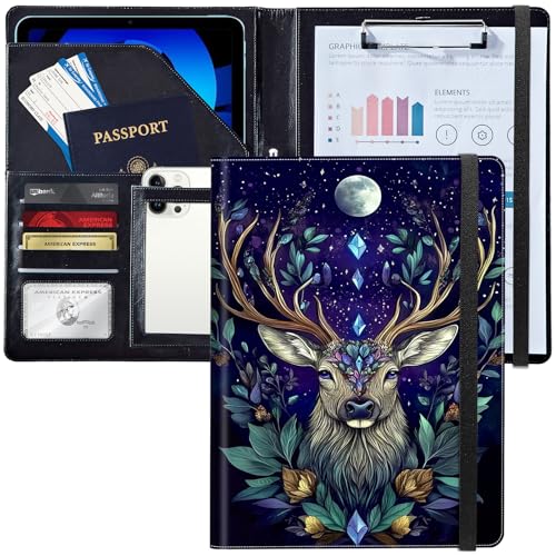 Leder-Padfolio-Portfolio-Ordner mit Klemmbrett, personalisierter A4-Briefgröße, Lebenslauf-Organizer, Schreibblock und Kartenhalter für Männer und Frauen, Business, Büro, mystische Hirsche und Blätter Leder-Padfolio-Portfolio-Ordner mit Klemmbrett, personalisierter A4-Briefgröße, Lebenslauf-Organizer, Schreibblock und Kartenhalter für Männer und Frauen, Business, Büro, mystische Hirsche und Blätter von Decahouy