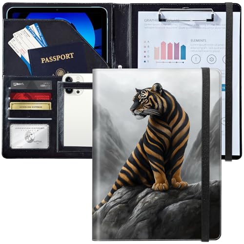 Ledermappe mit Briefbeschwerer, Lebenslauf-Organizer, Notizblock und Kartenhalter, personalisierbar, A4-Format, für Damen und Herren, für Büro, Schwarz und Gold Tiger Ledermappe mit Briefbeschwerer, Lebenslauf-Organizer, Notizblock und Kartenhalter, personalisierbar, A4-Format, für Damen und Herren, für Büro, Schwarz und Gold Tiger von Decahouy