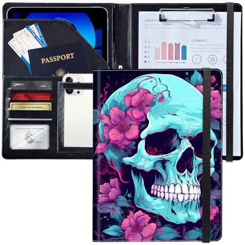 Padfolio/Portfolio-Ordner, Klemmbrett, Blumenschädel, personalisiertes Leder-Portfolio, Padfolio mit Lebenslauf-Dokumenten, Organizer, Briefgröße, A4, Schreibblock, Visitenkartenhalter für Männer und Padfolio/Portfolio-Ordner, Klemmbrett, Blumenschädel, personalisiertes Leder-Portfolio, Padfolio mit Lebenslauf-Dokumenten, Organizer, Briefgröße, A4, Schreibblock, Visitenkartenhalter für Männer und von Decahouy
