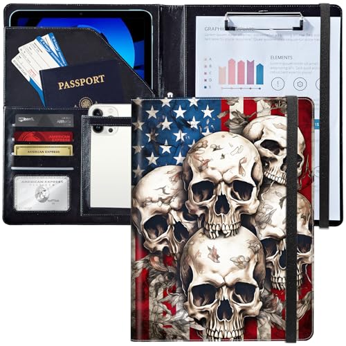 Padfolio/Portfolio-Ordner, Klemmbrett, Totenkopf, amerikanische Flagge, personalisiertes Leder-Portfolio, Padfolio mit Lebenslauf-Dokumenten, Organizer, Briefgröße, A4, Schreibblock Padfolio/Portfolio-Ordner, Klemmbrett, Totenkopf, amerikanische Flagge, personalisiertes Leder-Portfolio, Padfolio mit Lebenslauf-Dokumenten, Organizer, Briefgröße, A4, Schreibblock von Decahouy