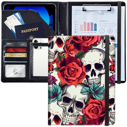 Padfolio/Portfolio-Ordner, Klemmbrett, Totenkopf-Rosen-Blumen, personalisiertes Leder-Portfolio, Padfolio mit Lebenslauf-Dokumenten, Organizer, Briefgröße, A4, Schreibblock, Visitenkartenhalter für Padfolio/Portfolio-Ordner, Klemmbrett, Totenkopf-Rosen-Blumen, personalisiertes Leder-Portfolio, Padfolio mit Lebenslauf-Dokumenten, Organizer, Briefgröße, A4, Schreibblock, Visitenkartenhalter für von Decahouy