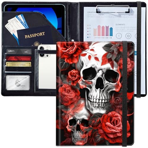 Padfolio/Portfolio-Ordner, Klemmbrett, Totenkopf und rote Rose, personalisiertes Leder-Portfolio, Padfolio mit Lebenslauf-Dokumenten, Organizer, Briefgröße, A4, Schreibblock, Visitenkartenhalter für Padfolio/Portfolio-Ordner, Klemmbrett, Totenkopf und rote Rose, personalisiertes Leder-Portfolio, Padfolio mit Lebenslauf-Dokumenten, Organizer, Briefgröße, A4, Schreibblock, Visitenkartenhalter für von Decahouy