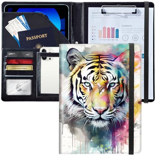 Padfolio/Portfolio-Ordner, Klemmbrett, buntes Tiger, Aquarell, personalisiertes Leder-Portfolio, Padfolio mit Lebenslauf-Dokumenten, Organizer, Briefgröße, A4, Schreibblock, Visitenkartenhalter für Padfolio/Portfolio-Ordner, Klemmbrett, buntes Tiger, Aquarell, personalisiertes Leder-Portfolio, Padfolio mit Lebenslauf-Dokumenten, Organizer, Briefgröße, A4, Schreibblock, Visitenkartenhalter für von Decahouy