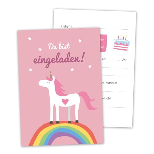 Decento® Einladung Geburtstag Einhorn - 10 Karten für Mädchen - Kindergeburtstag niedlich mit Regenbogen - Einladungskarten für Kinder zum Ausfüllen und Beschriften von Decento