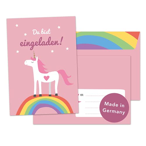 Decento® Einladung Geburtstag Einhorn - 8 Karten mit Umschlag für Mädchen - Kindergeburtstag niedlich mit Regenbogen - Einladungskarten für Kinder zum Ausfüllen und Beschriften von Decento