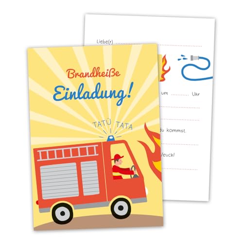 Decento® Einladung Geburtstag Feuerwehr - 10 Karten für Jungen - Kindergeburtstag Feuerwehrauto - Einladungskarten für Kinder zum Ausfüllen und Beschriften von Decento
